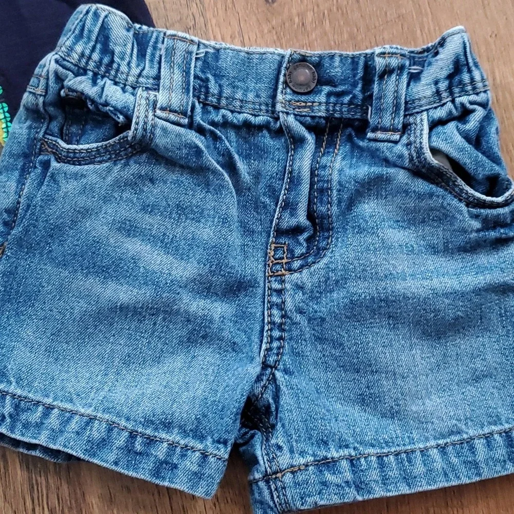 OshKosh Girls Navy Pineapple Short Sleeve‎ Shirt with Denim Shorts Outfit 6M